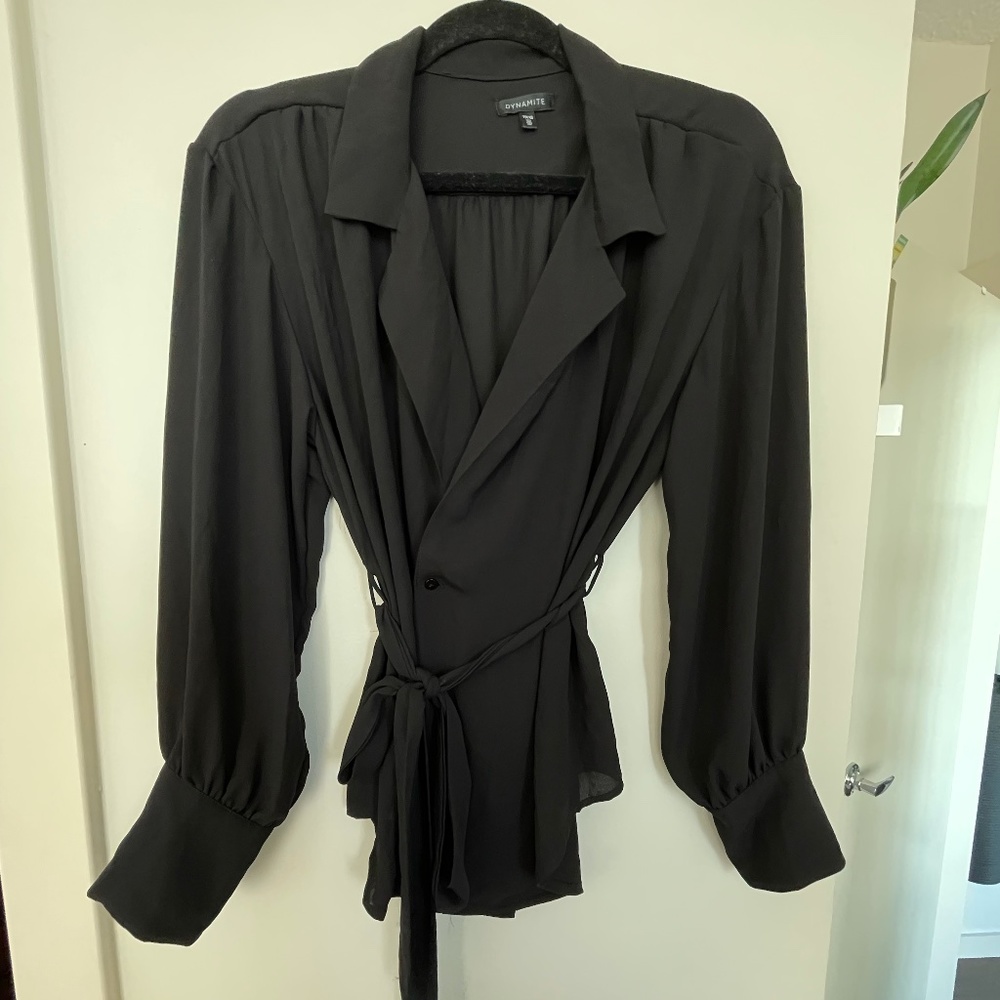 Dynamite Tie Up Long Sleeve Black Dress
